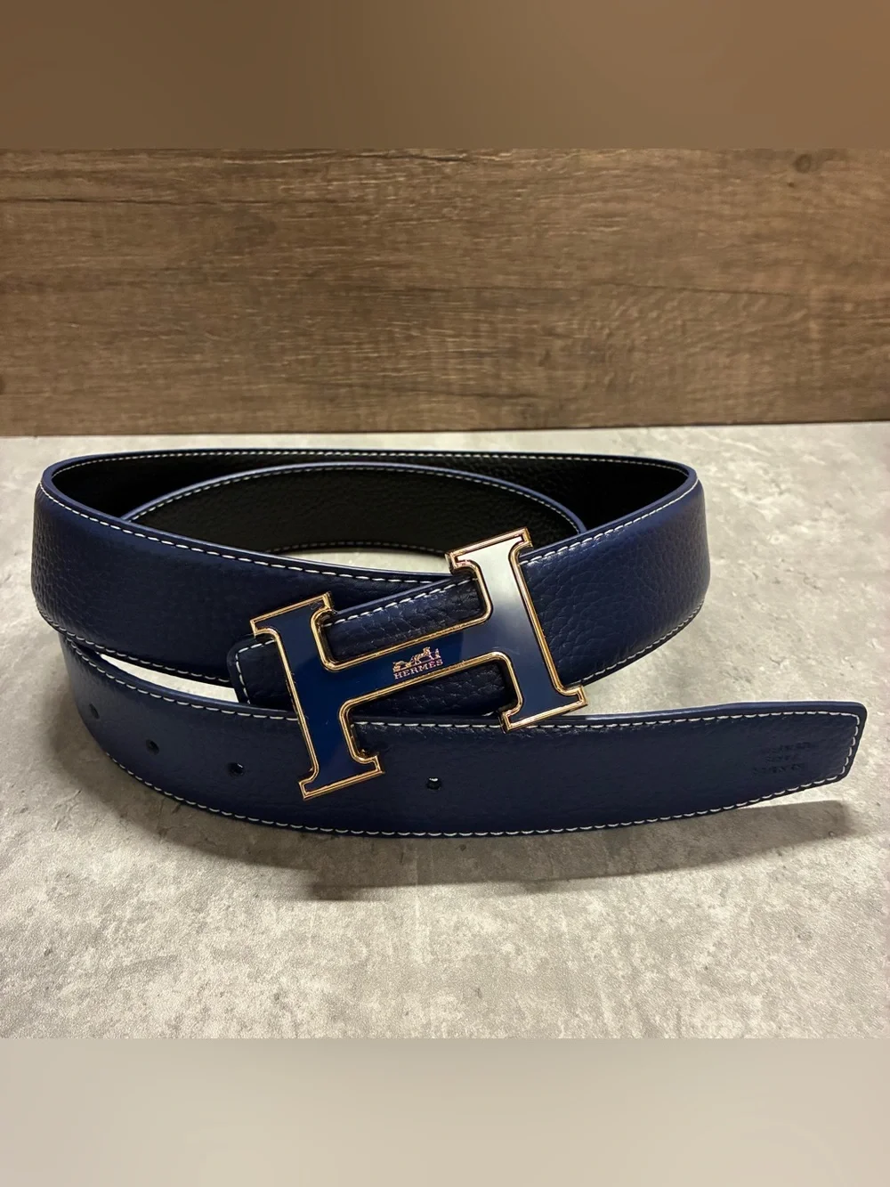 Class Royal Blue Men's Leather Belt with H Gold Metal Buckle